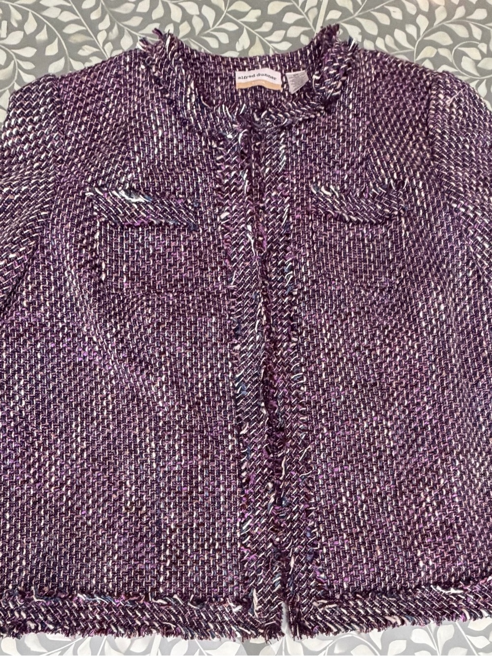 Alfred Dunner Purple Tweed Fringed Open-Front Jacket